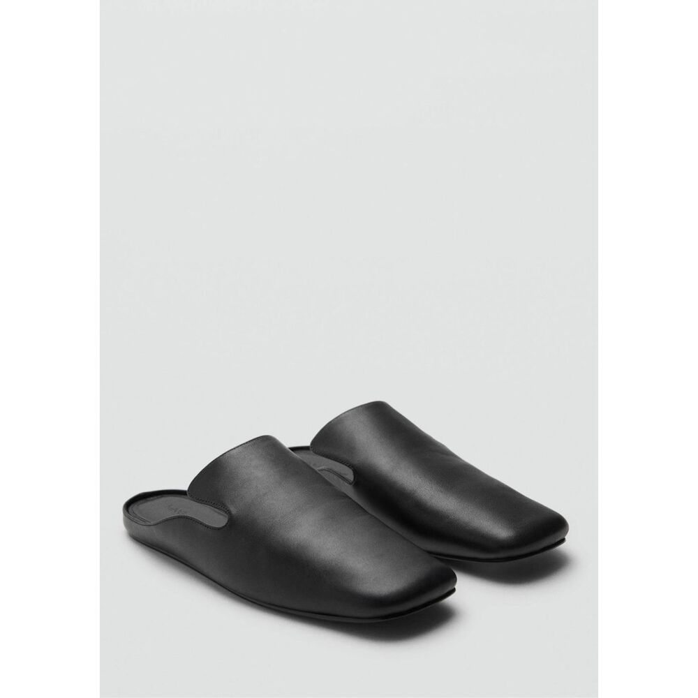 MANGO $180 MNG Selection Leather Square Toe Mule Slides Black EUR 36 US5.5-6 NEW